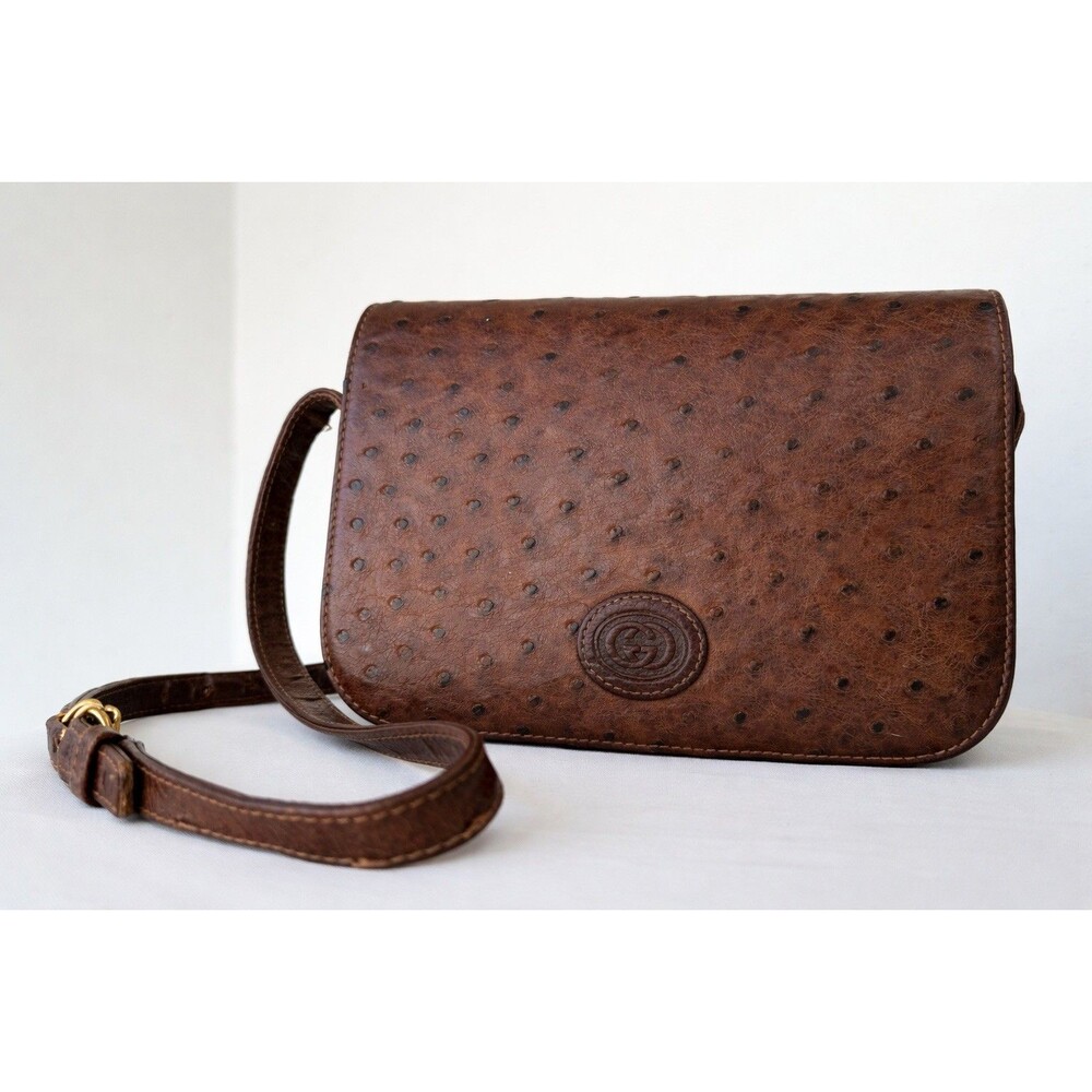 Gucci Vintage Ostrich Shoulder Bag Brown Leather Shoulder Bag Good Used Rare